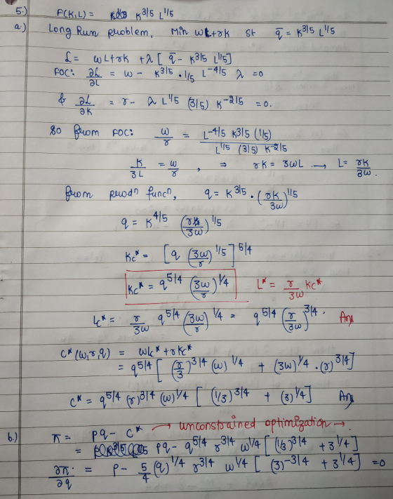 -PCKL)- KOLO 63/516 Long Run problem. Min Whatok st q = 4315 [15 L = whtok tar ā- k315 [15 ] FOC: ah = w- K31E 415 ao al L1