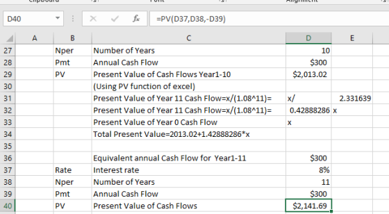 D40 - X Fax =PV(D37,038,-D39) DE 10 $300 $2,013.02 AB Nper Number of Years Pmt Annual Cash Flow PV Present Value of Cash Flow