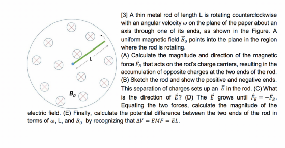 [3] A thin metal rod of length L is rotating counterclockwise with an angular velocity Co on the plane of the paper about an axis through one of its ends, as shown in the Figure. A uniform magnetic field Bo points into the plane in the region where the rod is rotating (A) Calculate the magnitude and direction of the magnetic force FB that acts on the rods charge carriers, resulting in the accumulation of opposite charges at the two ends of the rod. (B) Sketch the rod and show the positive and negative ends. This separation of charges sets up an E in the rod. (c)What is the direction of E? (D) The E grows until F -Fa Equating the two forces, calculate the magnitude of the electric field. (E) Finally, calculate the potential difference between the two ends of the rod in terms of a, L, and Bo by recognizing that AV EMF EL