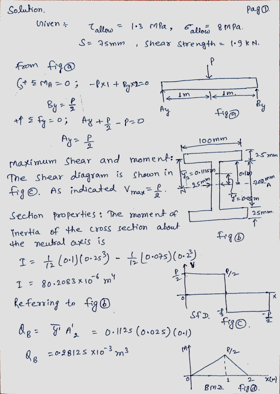 solution. Niven & Tallow S= asmm pag. 103 mpa, allow 8 MPa. shear strength 1.9kn. P from fig@ GFEMA=0; -8x1+ h Byx2=0 Im ktm.