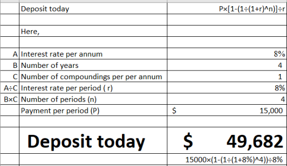 Deposit today Px[1-(1:(1+r)^n)]=r Here, 8% 1 A Interest rate per annum B Number of years c Number of compoundings per per ann