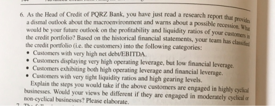 search report that provides 6. As the Head of Credit of PQRZ Bank, you have just read a research report that a dismal outlook
