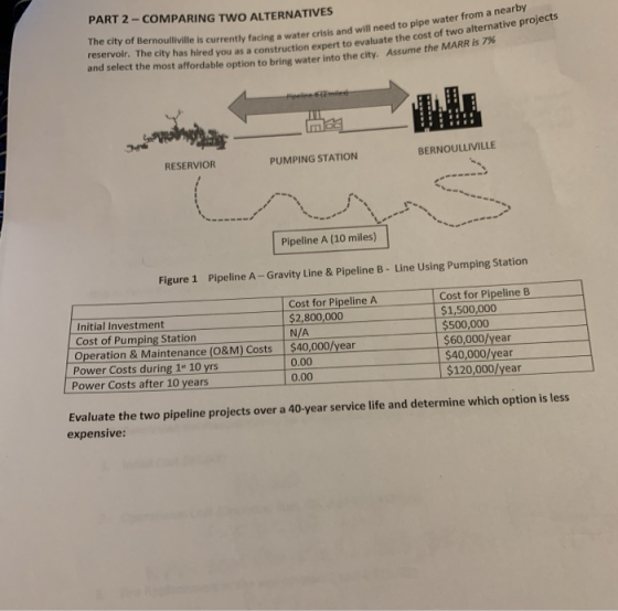 PART 2 -COMPARING TWO ALTERNATIVES The city of Bernoulliville is currently facing a water crisis and will need reservoir. The