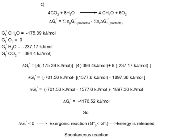 400, +8H,0 - > 4CH,0 +602 AG = I n, Gi (products) - En, AG (reactants) G CH,0 = -175.39 kJ/mol G 0, = 0 G H20 = -237.17 kJ