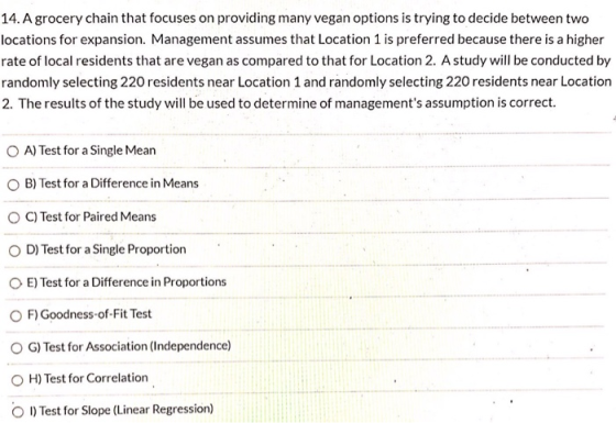 14. A grocery chain that focuses on providing many vegan options is trying to decide between two locations for expansion. Man
