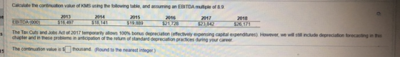 Calculate the continuation value of KMS using the following table and assuming an EBITDA multiple of 8.9. 2013 2014 2015 2016