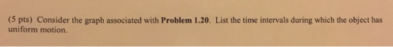 (5 pts) Consider the graph associated with Problem 1.20. List the time intervals during which the object has uniform motion.