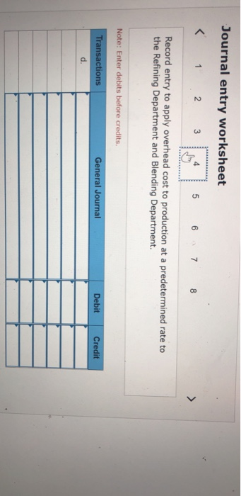 Journal entry worksheet 1 2 3 5 6 7 8 Record entry to apply overhead cost to production at a predetermined the Refining Depar