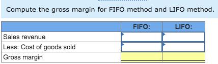 Compute the gross margin for FIFO method and LIFO method. FIFO: LIFO: Sales revenue Less: Cost of goods sold Gross margin