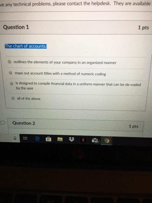 e any technical problems, please contact the helpdesk. They are available Question 1 1 pts O outlines the elements of your company in an organized manner O maps out account titles with a method of numeric coding O is designed to compile financial data in a uniform manner that can be de-coded by the user O all of the above DQuestion 2 1 pts 99+