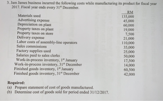 3. Jam James business incurred the following costs while manufacturing its product for fiscal year 2017. Fiscal year ends eve