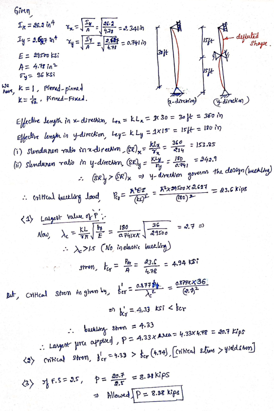 Given Ix By Ix = 26.2 in 4 Iy = 2.697 int 26.2 4.72 -2.341 in 2.527 -0.741 is 4.78 Yy = 115ft deffected A shape. 30ft E = 295