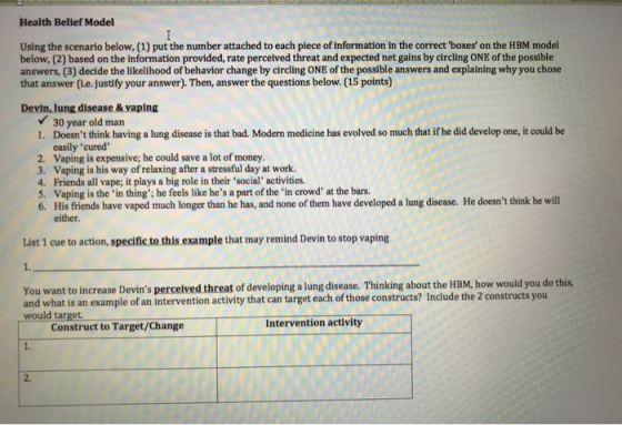 Health Belief Model Using the scenario below, (1) put the number attached to each piece of information in the correct boxes