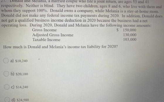 and Melania, a married couple who file a joint return, are ages 53 and 41 respectively. Neither is blind. They have two child