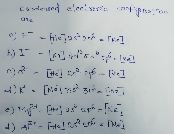 condensed electronic configuration are a) F = [e] 252 2p6 = [ne] b) I = [kr] 4d ss & spl = [Xe] C) OR = [he] 252 2p6 = [ne]
