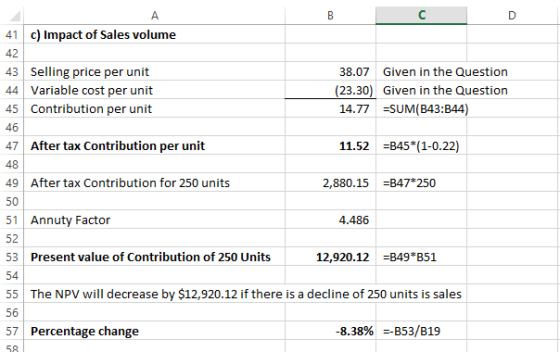 41 c) Impact of Sales volume 42 43 Selling price per unit 44 Variable cost per unit 45 Contribution per unit 38.07 Given in t