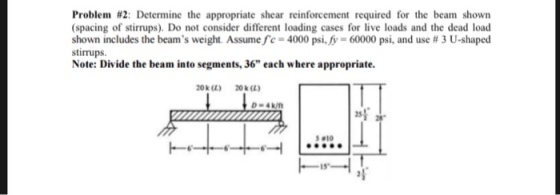 Problem #2: Determine the appropriate shear reinforcement required for the beam shown (spacing of stirrups). Do not consider different loading cases for live loads and the dead load shown includes the beams weight. Assumere 4000 psi, fy-60000 psi, and use # 3 U-shaped stirrups Note: Divide the beam into segments, 36 each where appropriate. 20k () 30k(L) 0-4 255 sy 5 #10