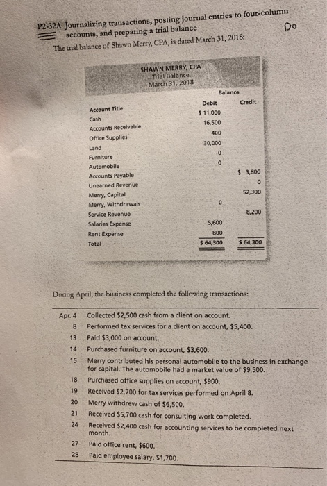 P2-32A Journalizing transactions, posting journal entries to four-column accounts, and preparing a trial balance The trial balance of Shawn Merry, CPA, is dated March 31,2018: Do SHAWN MERRY CPA Trial Balance March 31. 2018 Salance Credit Debit 11,000 16,500 Acceunt Title Accounts Receivable Office Supplies Land Furniture Automobile Accounts Payable Unearned Revenue Merry, Capital Merry, Withdrawals Service Revenue Salaries Expense Rent Expense Total 400 30,000 s 3,800 52,300 8,200 5,600 800 64,300 64,300 During April, the business completed the following transactions: Apr. 4 Collected $2,500 cash from a client on account. 8 Performed tax services for a dlient on account, $5,400. 13 Paid $3,000 on account. 14 Purchased furniture on account, $3,600. 15 Merry contributed his personal automobile to the business in exchange for capital. The automobile had a market value of $9,500. 18 Purchased office supplies on account, $900 19 Received $2,700 for tax services performed on April 8. 20 Merry withdrew cash of $6,500. 21 Received $5,700 cash for consulting work completed. 24 Received $2,400 cash for accounting services to be completed next 27 Paid office rent, $600. 28 Paid employee salary. $1,700. month.