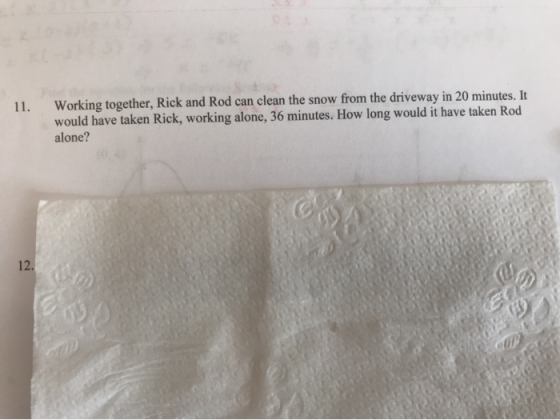 Working together, Rick and Rod can clean the snow from the driveway in 20 minutes. It would have taken Rick, working alone, 3