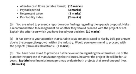 • After-tax cash flows (in table format) (15 marks) • Payback period (3 marks) • Net present value (5 marks) • Profitability