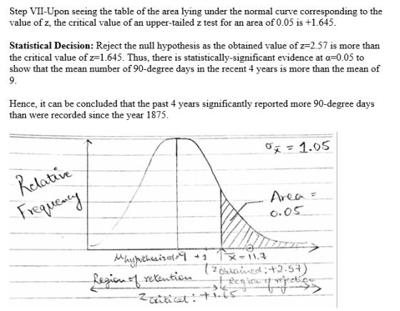 Step VII-Upon seeing the table of the area lying under the normal curve corresponding to the value of z, the critical value o