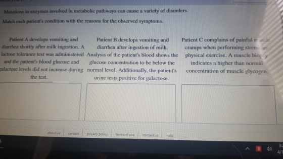 Mutations in enzymes involved in metabolic pathways can cause a variety of disorders, Match each patients condition with the