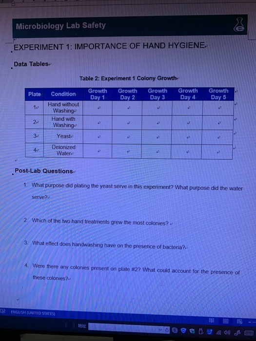Microbiology Lab Safety EXPERIMENT 1: IMPORTANCE OF HAND HYGIENE Data Tables Table 2: Experiment 1 Colony Growth Plate Condit