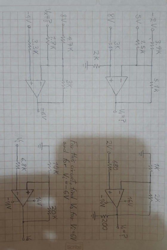 Scribe 3.9K 5.7K M 2K NA 1K MA 1.5K 5V o 16V ЗК 680 2k -16V $200 For this cirduil, tfind V for Vi 6V and for Vi-6V 47K &Vo ЗК