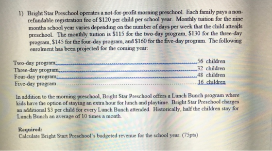 1) Bright Star Preschool operates a not-for-profit morning preschool. Each family pays a non- refundable registration fee of