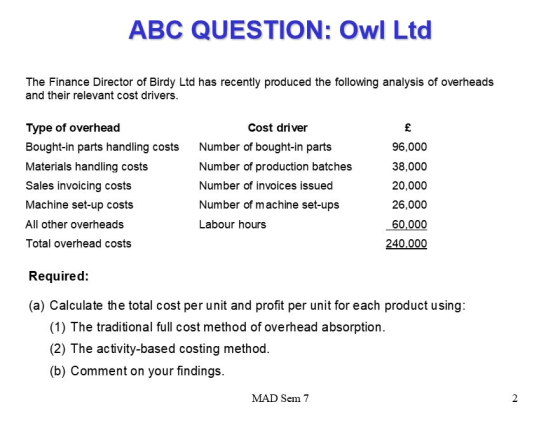 ABC QUESTION: Owl Ltd The Finance Director of Birdy Ltd has recently produced the following analysis of overheads and their r