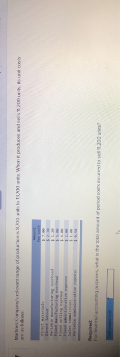 Martinez Companys relevant range of production is 8,700 units to 13,700 units. When it produces and sells 11,200 units, its