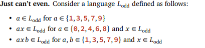 Just cant even. Consider a language Lodd defined as follows: • a € Lodd for a € {1,3,5,7,9} • ax e Lodd for a € {0,2,4,6,8)