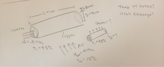 0.mer Temp at outlet? colm =5cm Heat exchange? Quotol=? water Copper in = 8k915 Ti = 93°C av 1930 1,29806 T2=? M = 15 mis Too