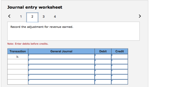 Journal entry worksheet 2 4 Record the adjustment for revenue earned. Note: Enter debits before credits. Transaction General Journal Debit Credit to..