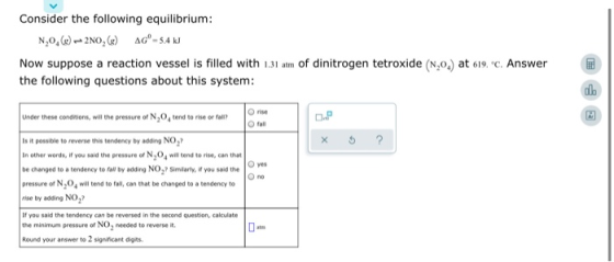 Consider the following equilibrium: N,0.6) -2NO,() AG- 5.4 kJ Now suppose a reaction vessel is filled with 1.31 atm of dinit