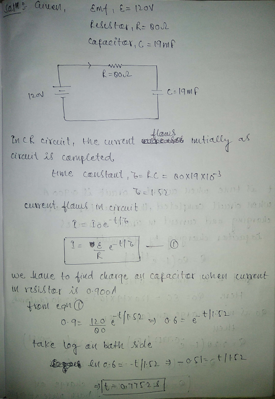 % ain Emf, E= 120v Resistor, R=doch Capacitor, c = 19 mf R=Qor c=19 mf 120v flaws as In CR circuit, the current weathos tauti