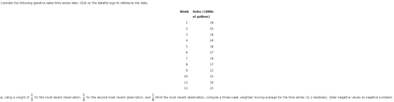 Consider the following gasoline sales time series data. Click on the datafile logo to reference the data 00s Week of gallons)