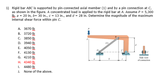 1) Rigid bar ABC is supported by pin-connected axial member (1) and by a pin connection at C, as shown in the figure. A conce