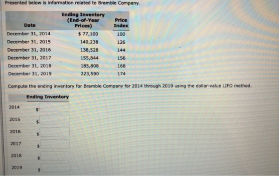 Presented below is information related to Bramble Company. Date Price Index 100 126 December 31, 2014 December 31, 2015 Decem