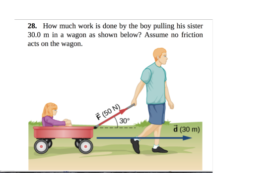 28. How much work is done by the boy pulling his sister 30.0 m in a wagon as shown below? Assume no friction acts on the wagon 30% d (30 m)