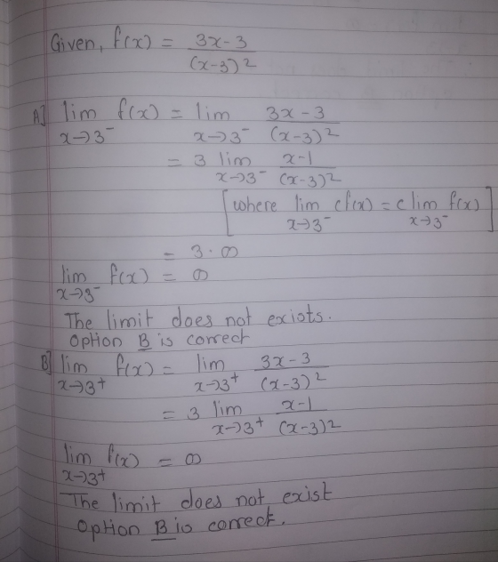 = 3x-3 (x-3) 2 Al lim 12-) 3 froo = lim 3x-3 x-) 3 (x-3)2 3 lim x-1 X-3- (x-3)2 | where lim cfo = clim foc X3 x 3 I lim fox)