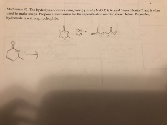 Mechanism #2. The hydrolysis of esters using base (typically NaOH) is termed saponification, and is often used to make soap