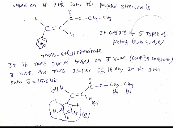 based on H NMR H. C = Data The proposed structure is e-o-che-CH3 It consists of 5 Types of - protons (a, b, c, d, e) - Trans-