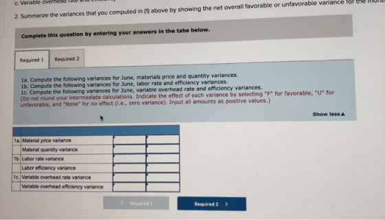 c. Variable overheau 2. Summarize the variances that you computed in (1) above by showing the net overall favorable or unfavo
