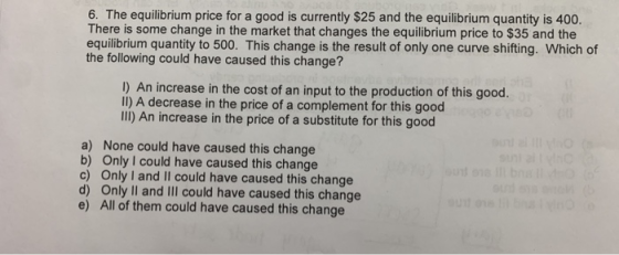 6. The equilibrium price for a good is currently $25 and the equilibrium quantity is 400. There is some change in the market