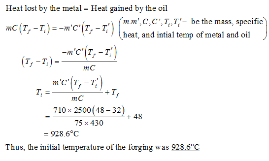 Heat lost by the metal = Heat gained by the oil , ) (m.n, C, C, T, T.-be the mass, specific heat, and intial temp of metal and oil -m mc mc 710 x 2500 (48 -32 +48 75 x 430 - 928.6°C Thus, the initial temperature of the forging was 928.6°C