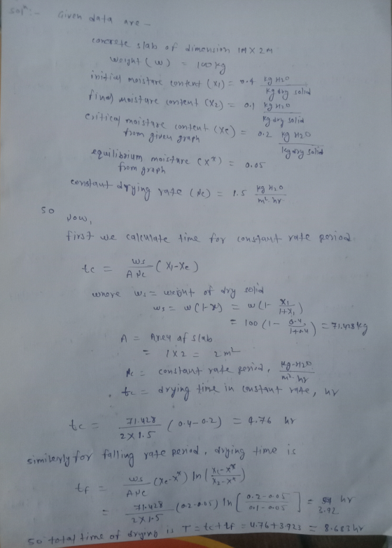 so:- Given data are - concrete slab of dimension IMX 2M Weight (w) = 100kg initiay moisture content (x1) = 0.9 finas moistur