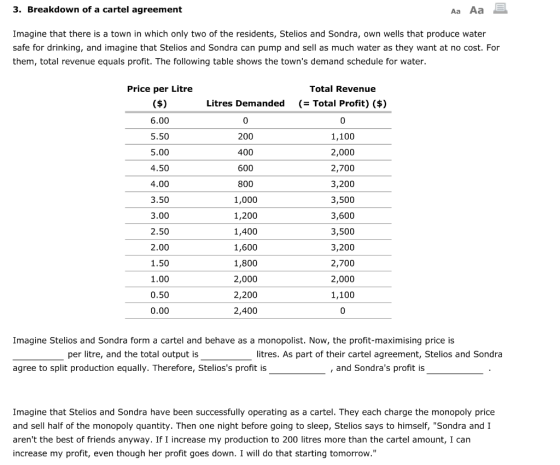 3. Breakdown of a cartel agreement Aa Aa E Imagine that there is a town in which only two of the residents, Stelios and Sondr