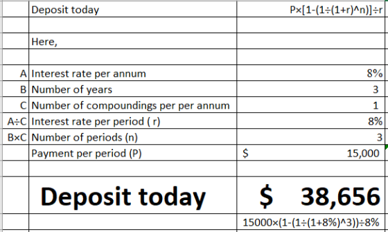 Deposit today Px[1-(1:(1+r)^n)]=r Here, 8% 3 A Interest rate per annum B Number of years CNumber of compoundings per per annu