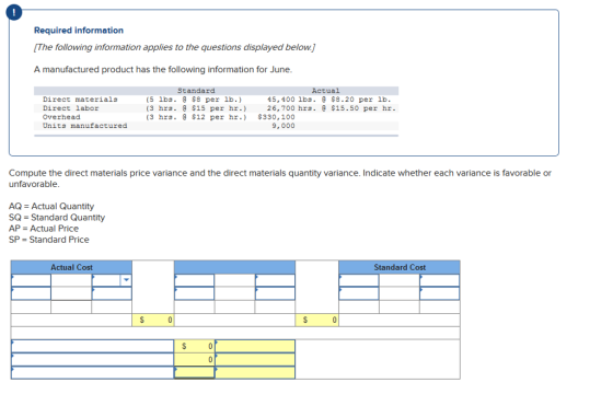 Required information The following information applies to the questions displayed below.] A manufactured product has the following information for June. Standard Actual (5 lbs. $8 per 1b 45,400 1bs.$8.20 per lb Direct materials Direct labor Overhead Units manufactured 26,700 hrs. e s15.50 per hr. (3 hrs. $12 per hr. $330,100 9,000 Compute the direct materials price variance and the direct materials quantity variance. Indicate whether each variance is favorable or unfavorable AQ Actual Quantity SQ = Standard Quantity AP Actual Price SP Standard Price Actual Cost Standard Cost